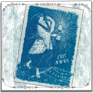 Cyanotype avec une femme en kimono qui brandit une lampe à essence pour dégager le sexisme et le fascisme